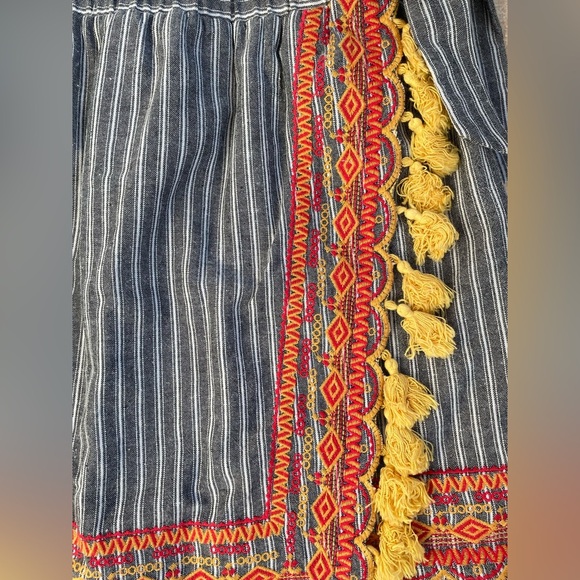 Shop the Mint Gray Striped Embroidered Wrap Short Summer Skirt With Tassels; M - Picture 2 of 6